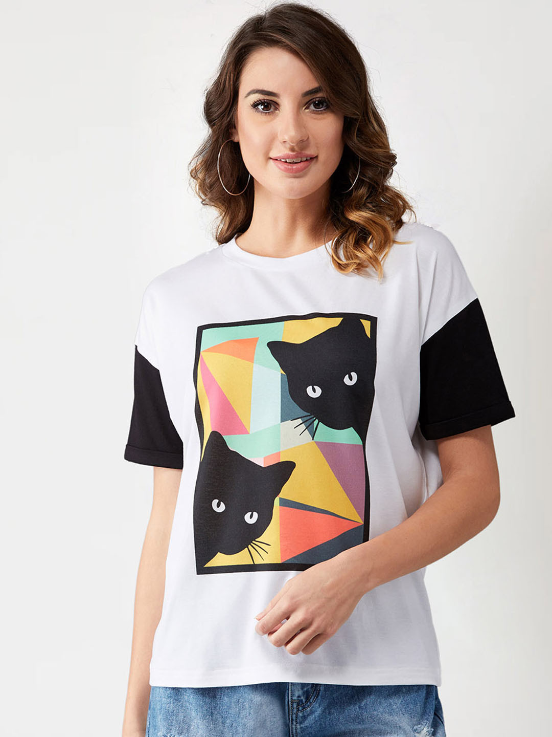 

Miss Chase Women White & Black Printed Round Neck T-shirt