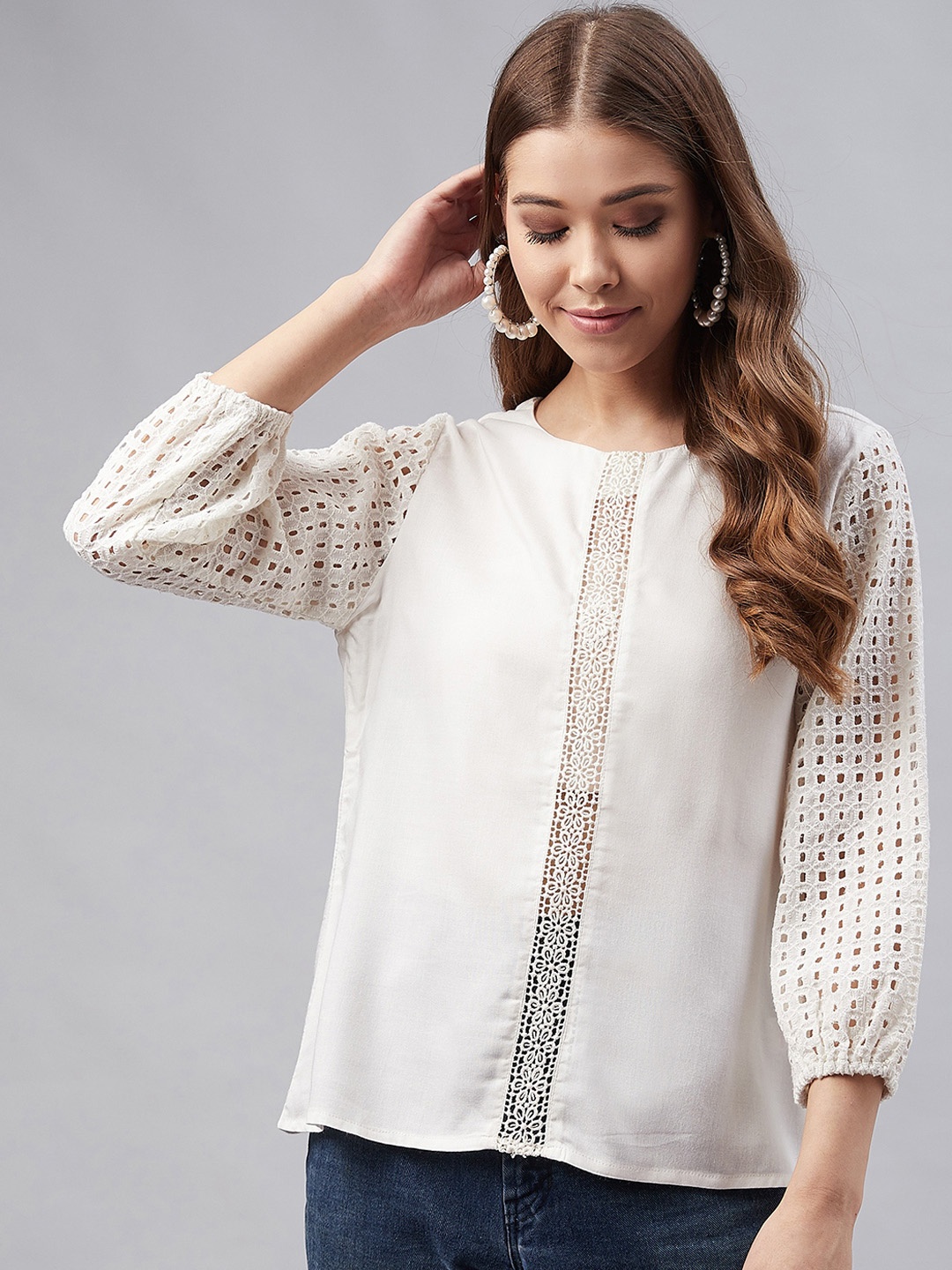 

Marie Claire Women White Self Design Pure Cotton Top