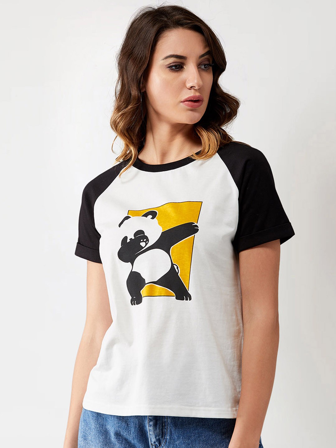 

Miss Chase Women White Black Panda Printed Round Neck Pure Cotton T-shirt