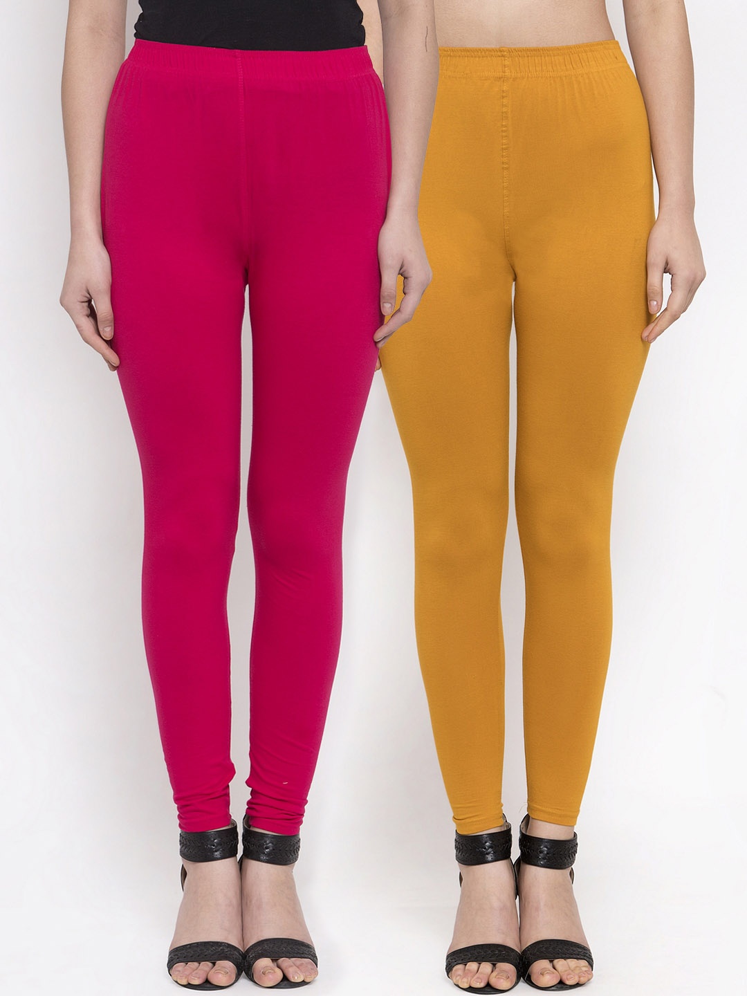 

TAG 7 Women Pack Of 2 Mustard Yellow & Pink Solid Ankle-Length Leggings