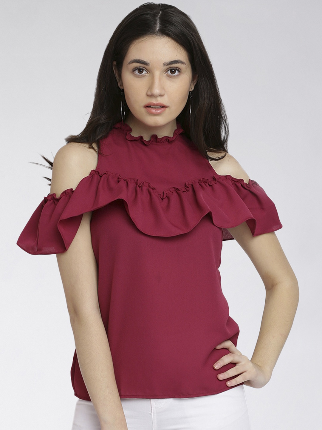 Miss Chase Women Maroon Solid Cold Shoulder Top