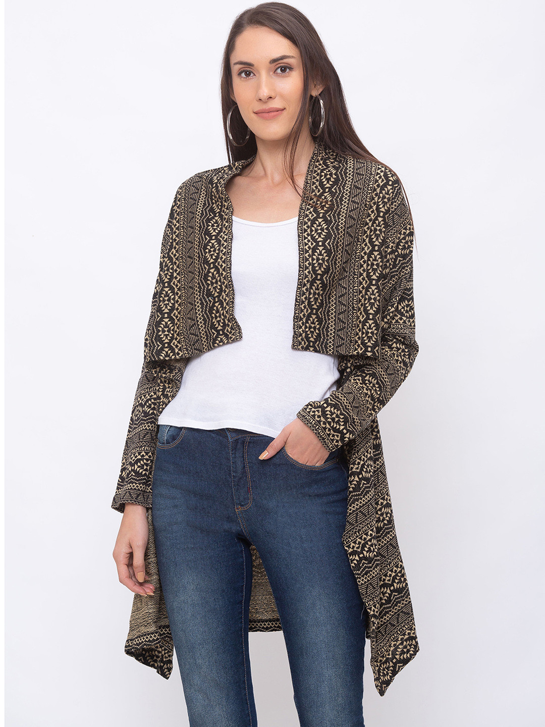 

Globus Women Black & Khaki Printed Open Front Shrug