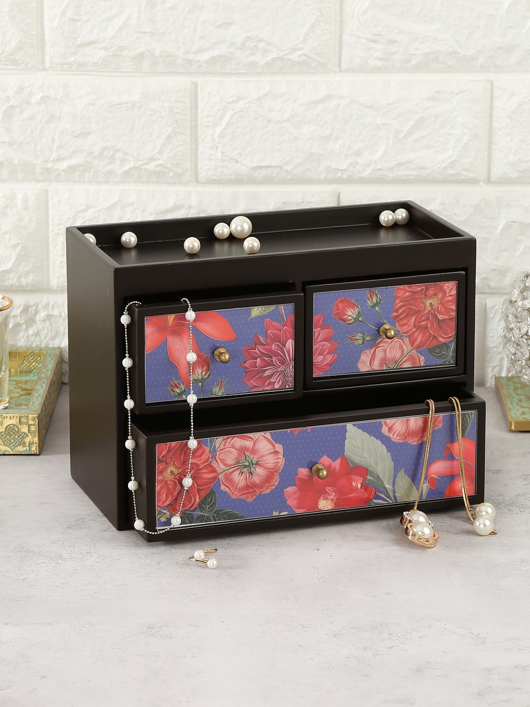 

India Circus by Krsnaa Mehta Red & Blue Printed Blooms Chest Of Drawer Organiser