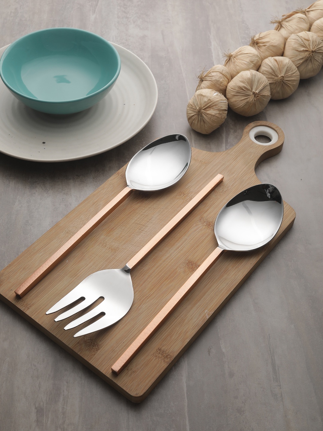 

VarEesha Set of 3 Copper-Toned & Steel-Toned Solid Hammered Serving Spoons & Fork