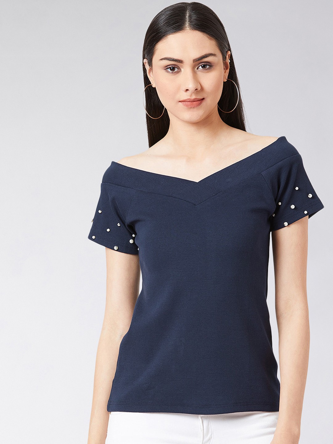 

Miss Chase Women Navy Blue Embellished Bardot Pure Cotton Top