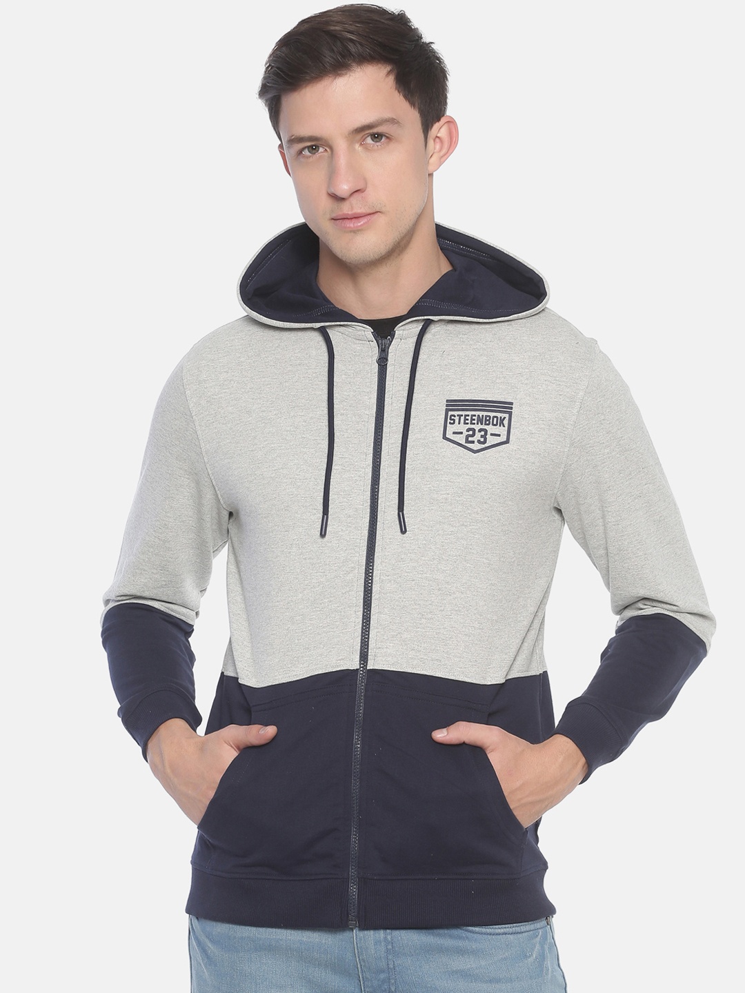 Steenbok Men Grey & Navy Blue Colourbocked Hooded Sweatshirt