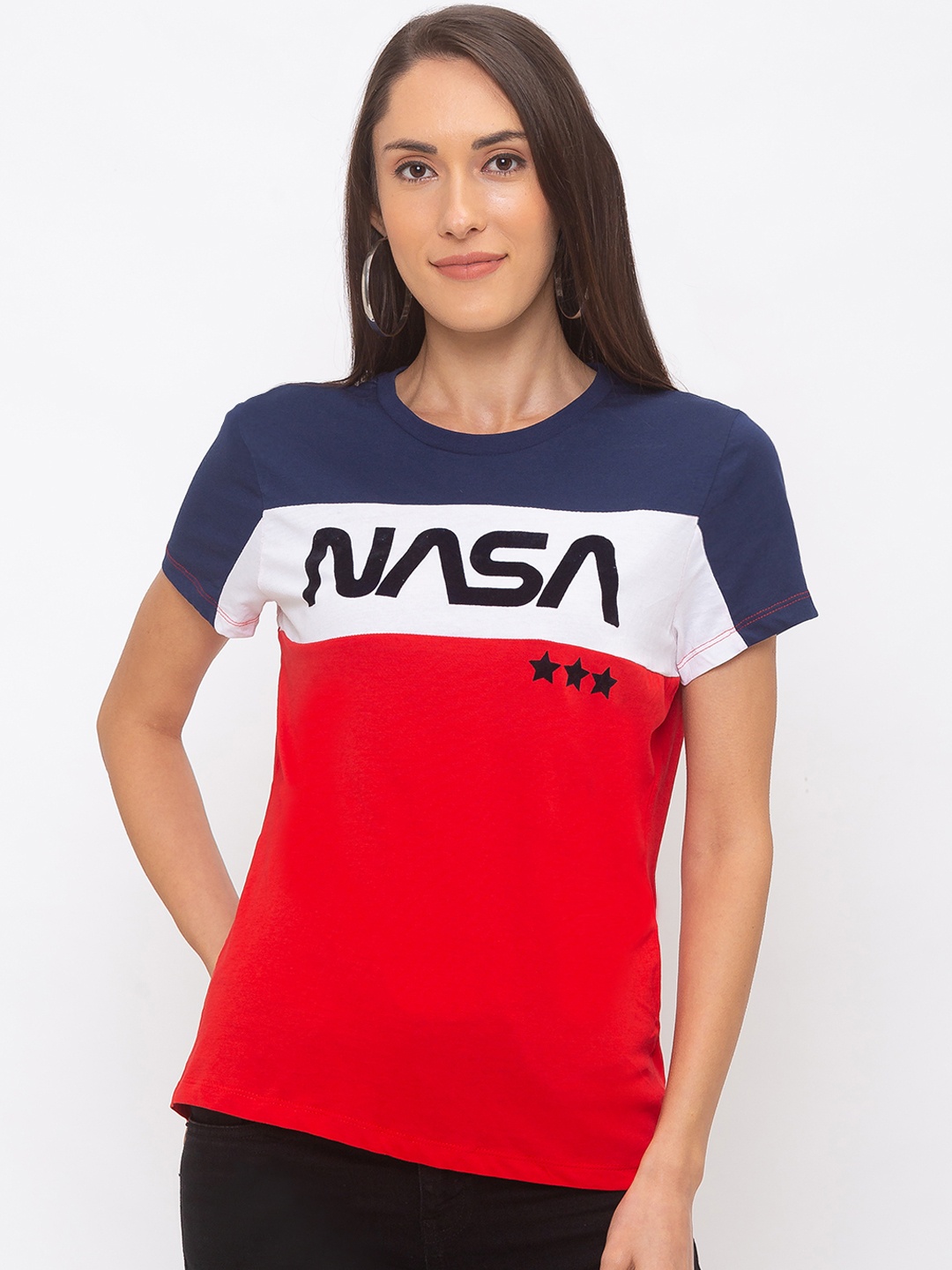 

Globus Women Red & Navy Blue Colourblocked Round Neck T-shirt