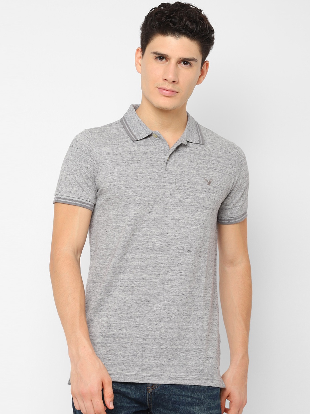 

AMERICAN EAGLE OUTFITTERS Men Grey Melange Solid Polo Collar T-shirt
