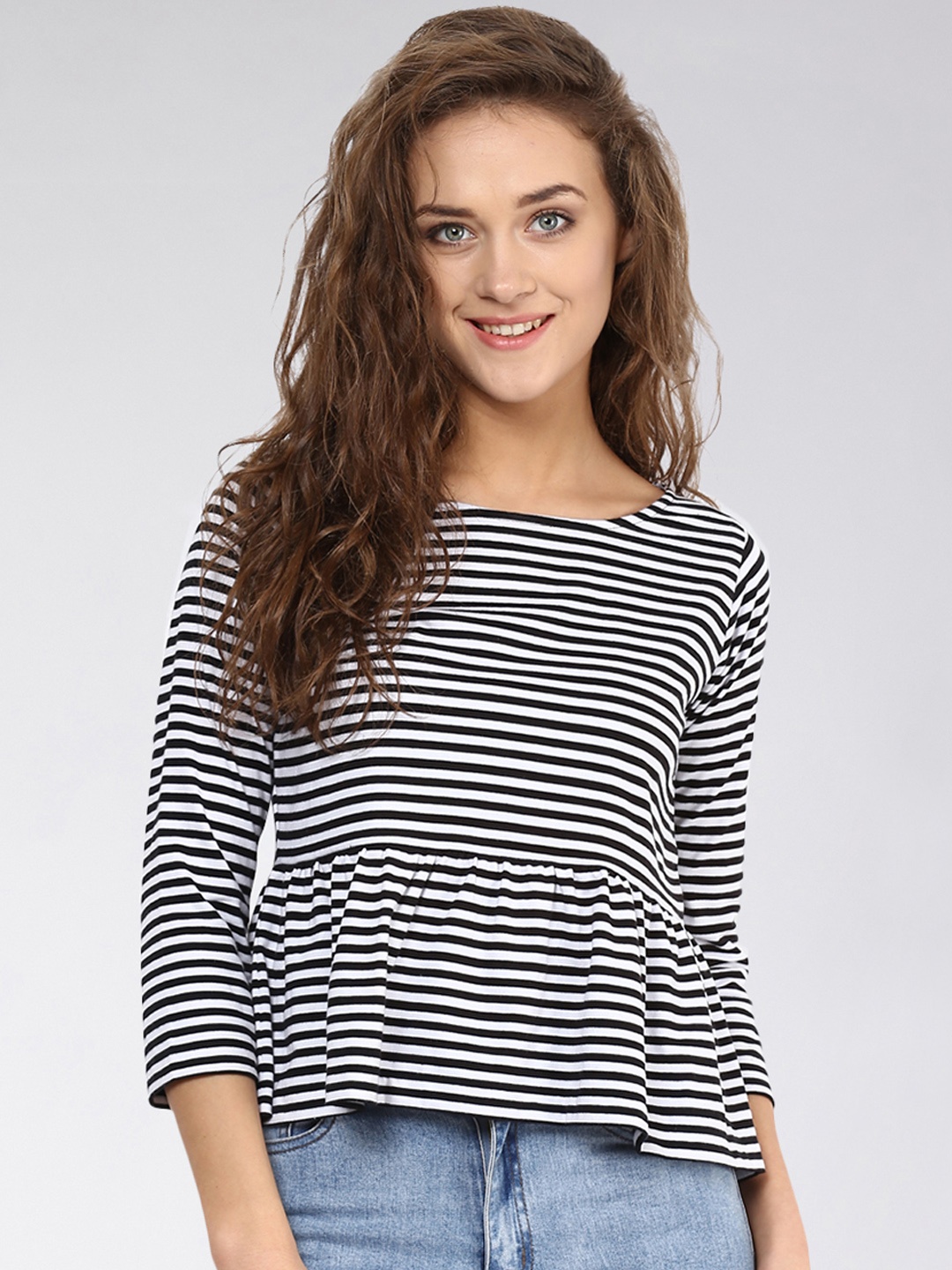 

Miss Chase Women Black & White Money Honey Monochrome Striped Pure Cotton Top