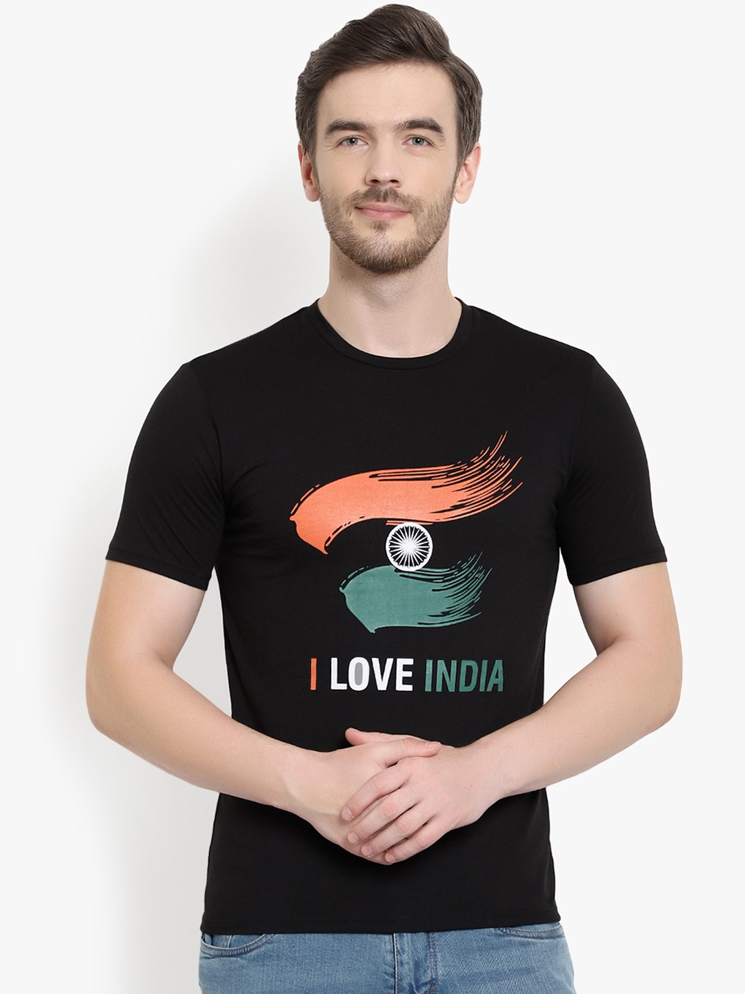 

LE BOURGEOIS Men Black Indian Flag Print Round Neck T-shirt