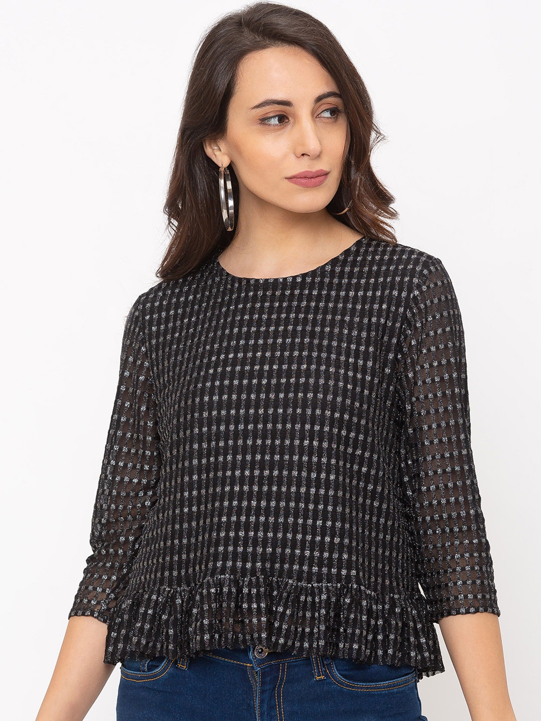 

Globus Women Black & Grey Checked Peplum Top