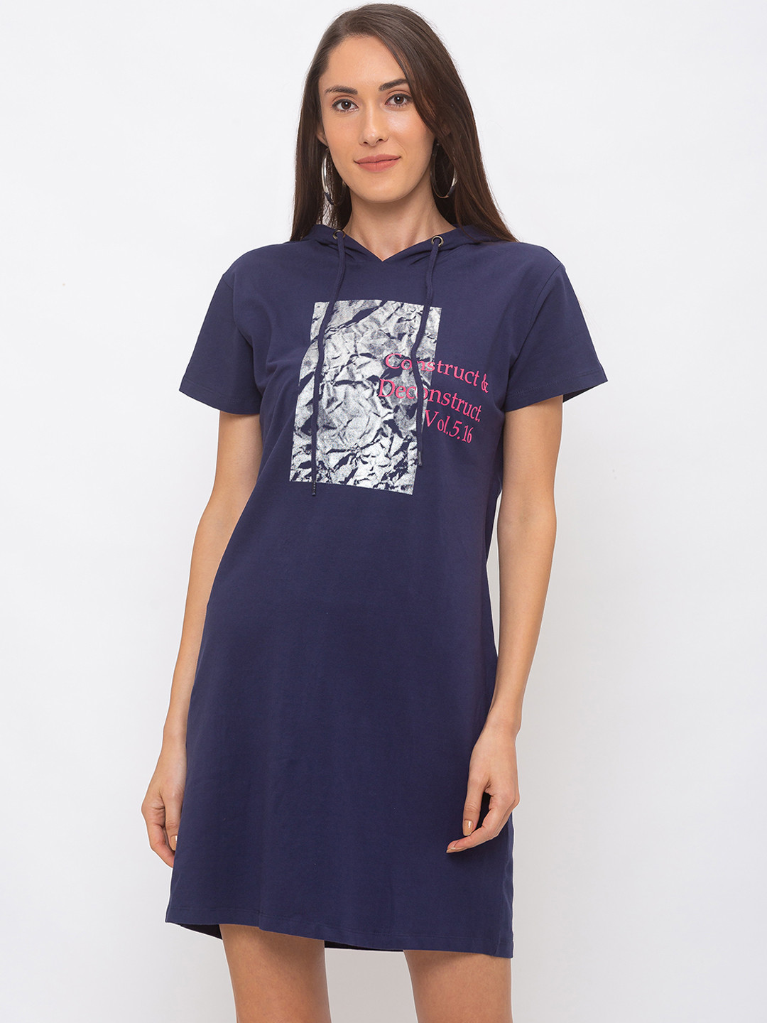 

Globus Women Navy Blue Printed Hooded T-shirt Dress