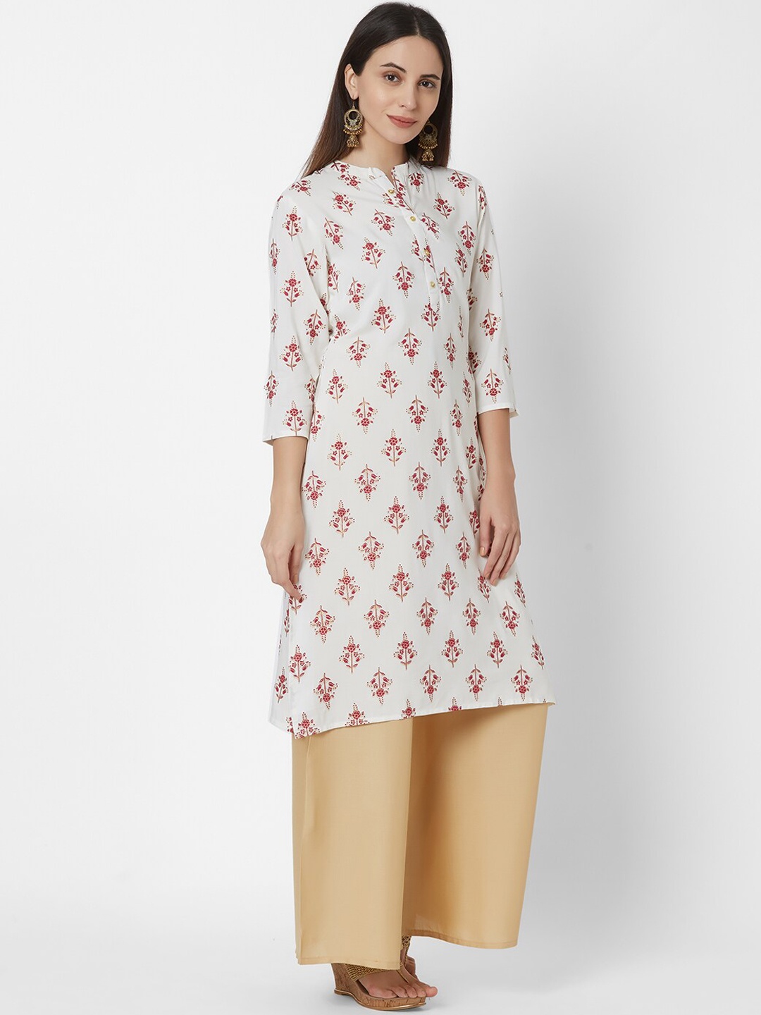 

Vedic Women Off-White & Red Floral Print Straight Kurta