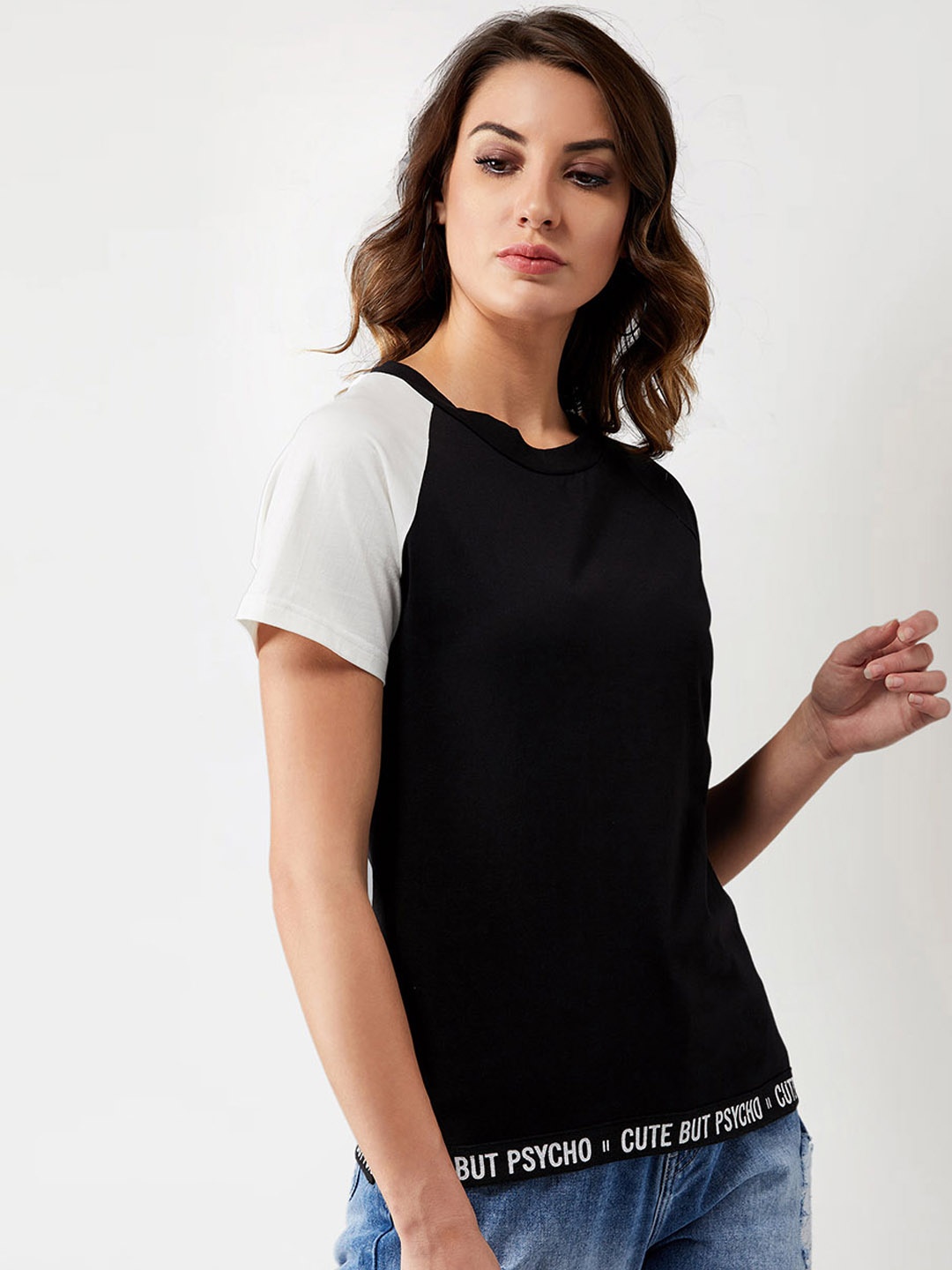 

Miss Chase Women Black White Colourblocked Round Neck Pure Cotton T-shirt