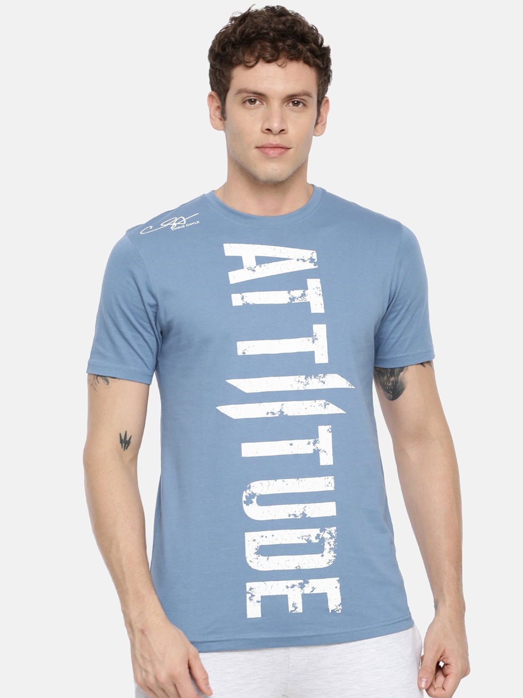 

ATTIITUDE Men Blue Printed Slim Fit Round Neck Pure Cotton T-shirt