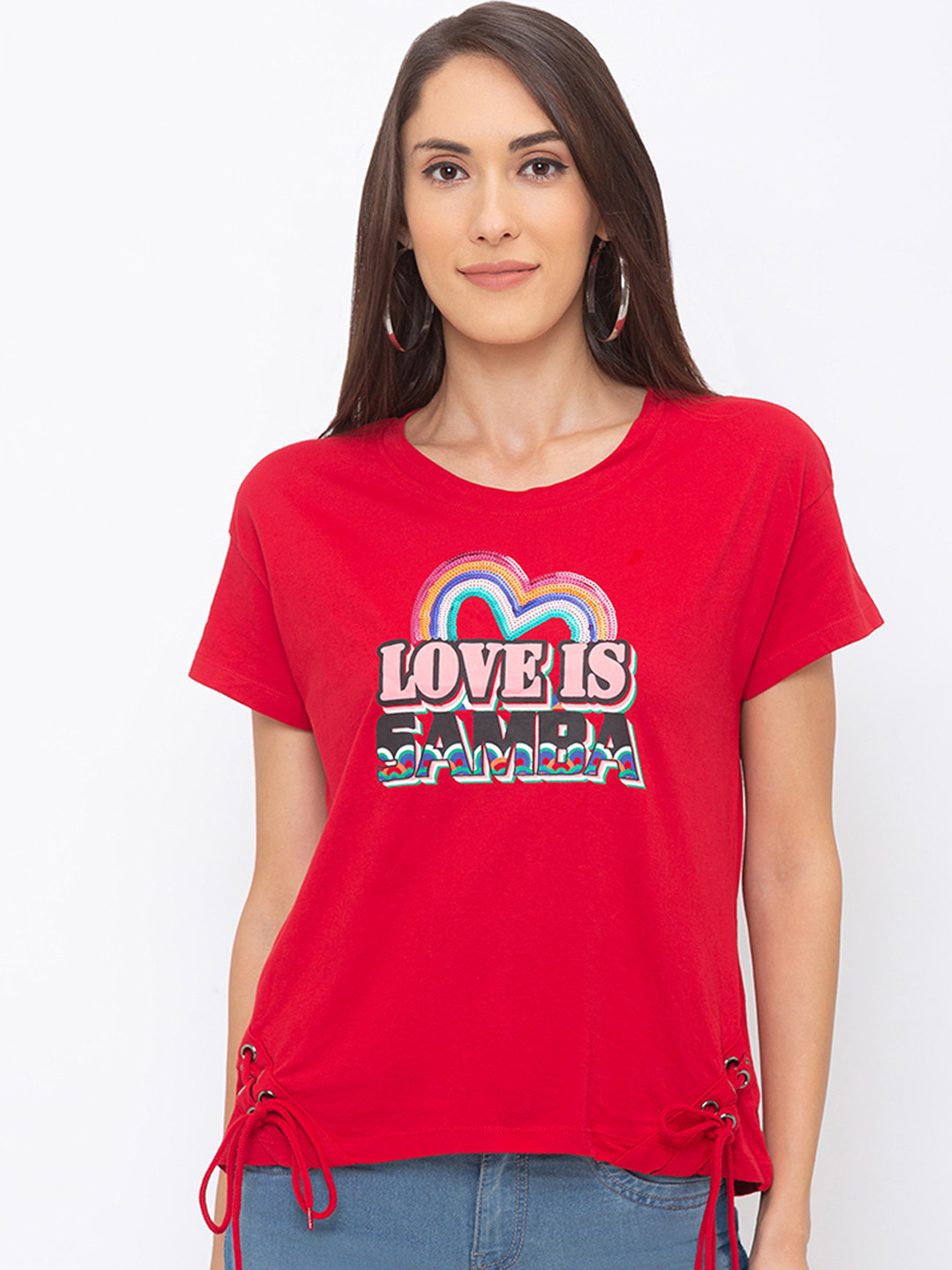

Globus Women Red & Pink Printed Round Neck T-shirt