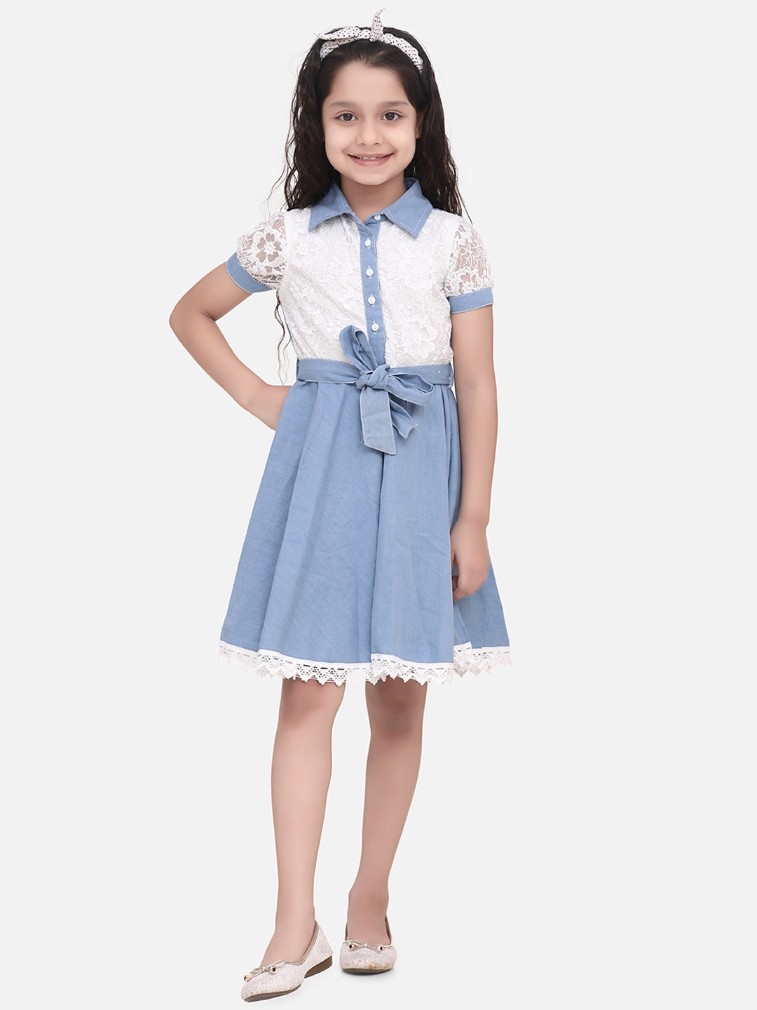 

StyleStone Girls Off-White And Blue Solid Shirt Dress