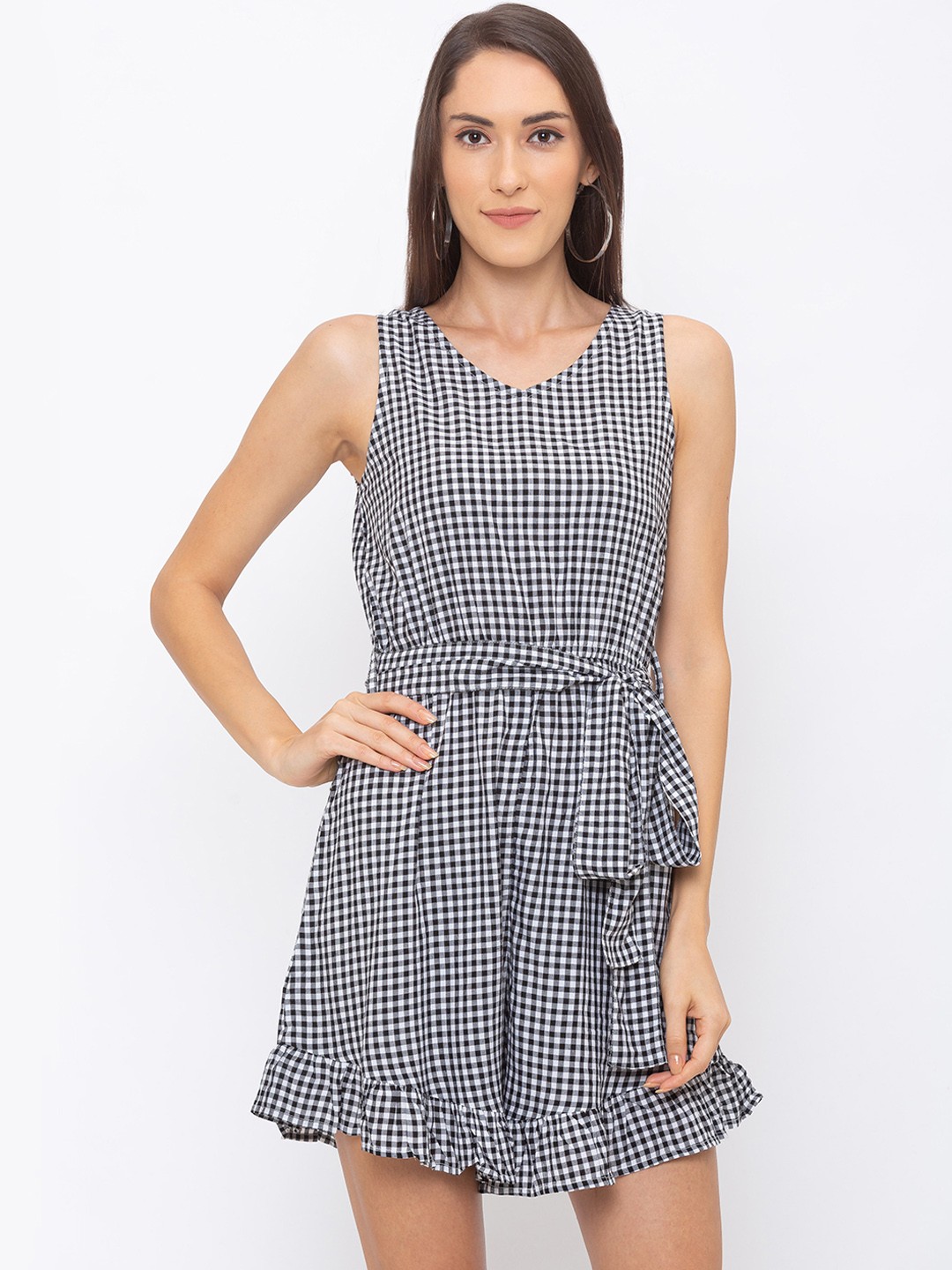 

Globus Women Black & White Checked Playsuit