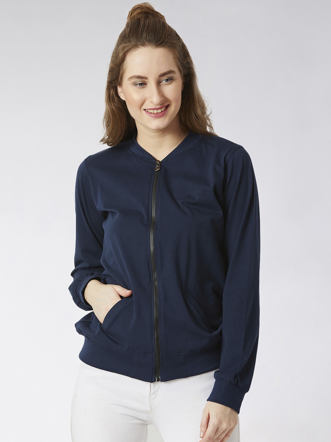 

Miss Chase Women Navy Blue Solid Bomber Jacket