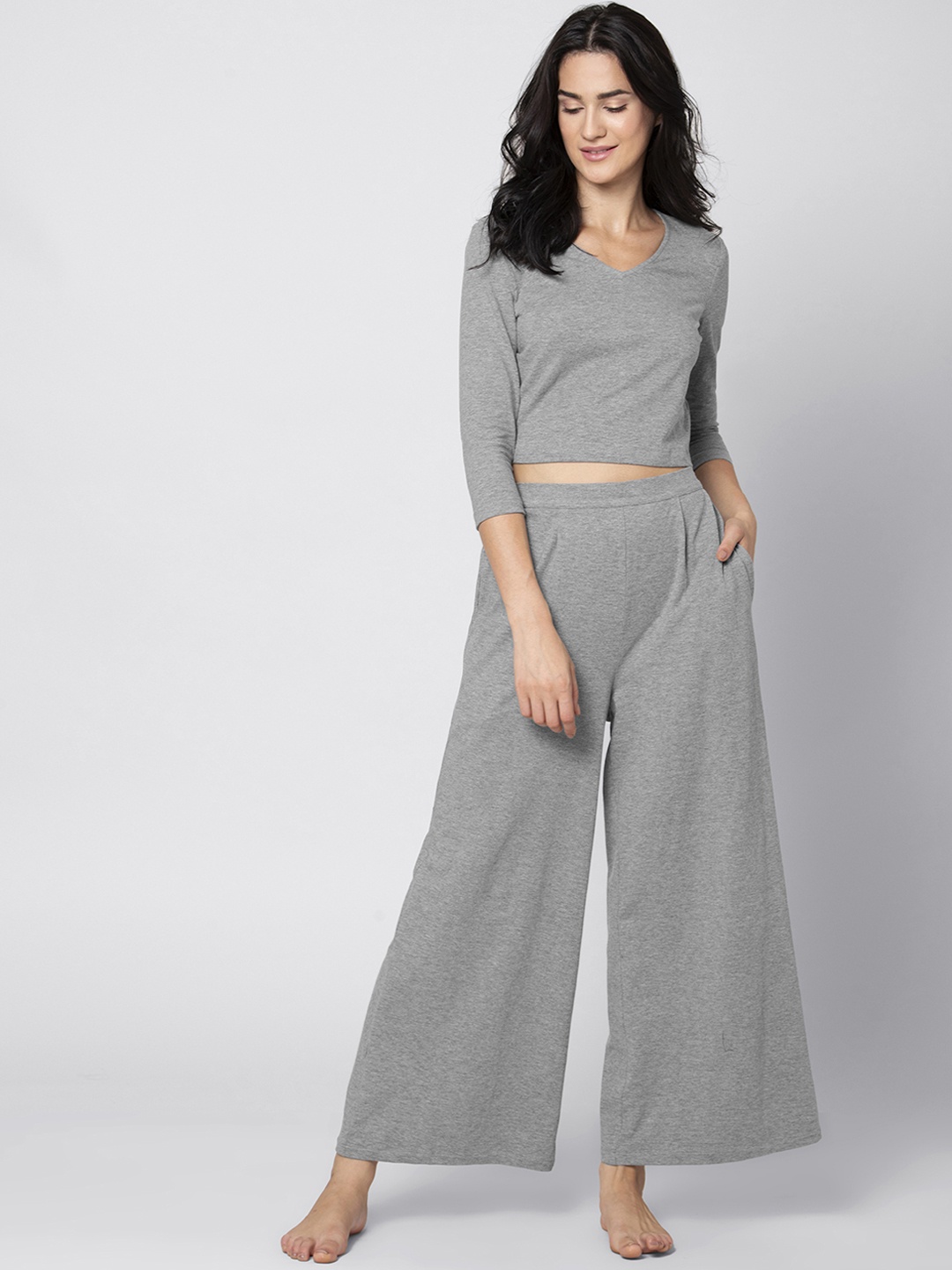 

FabAlley Women Grey Solid Crop Top with Palazzos