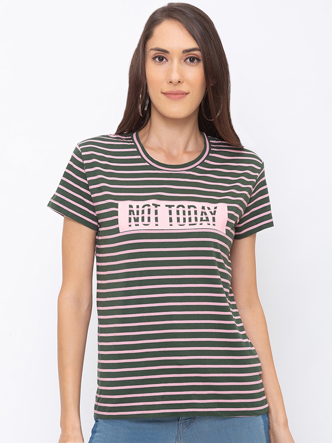 

Globus Women Green & Pink Striped Round Neck T-shirt