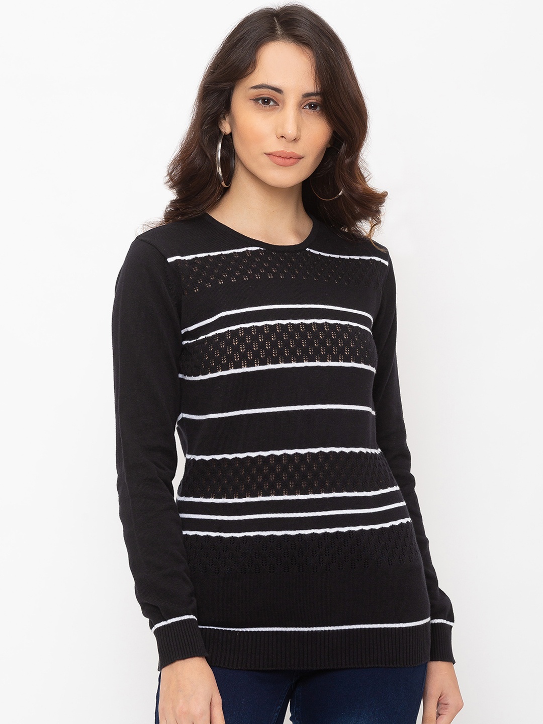 

Globus Women Black & White Striped Pure Cotton Top