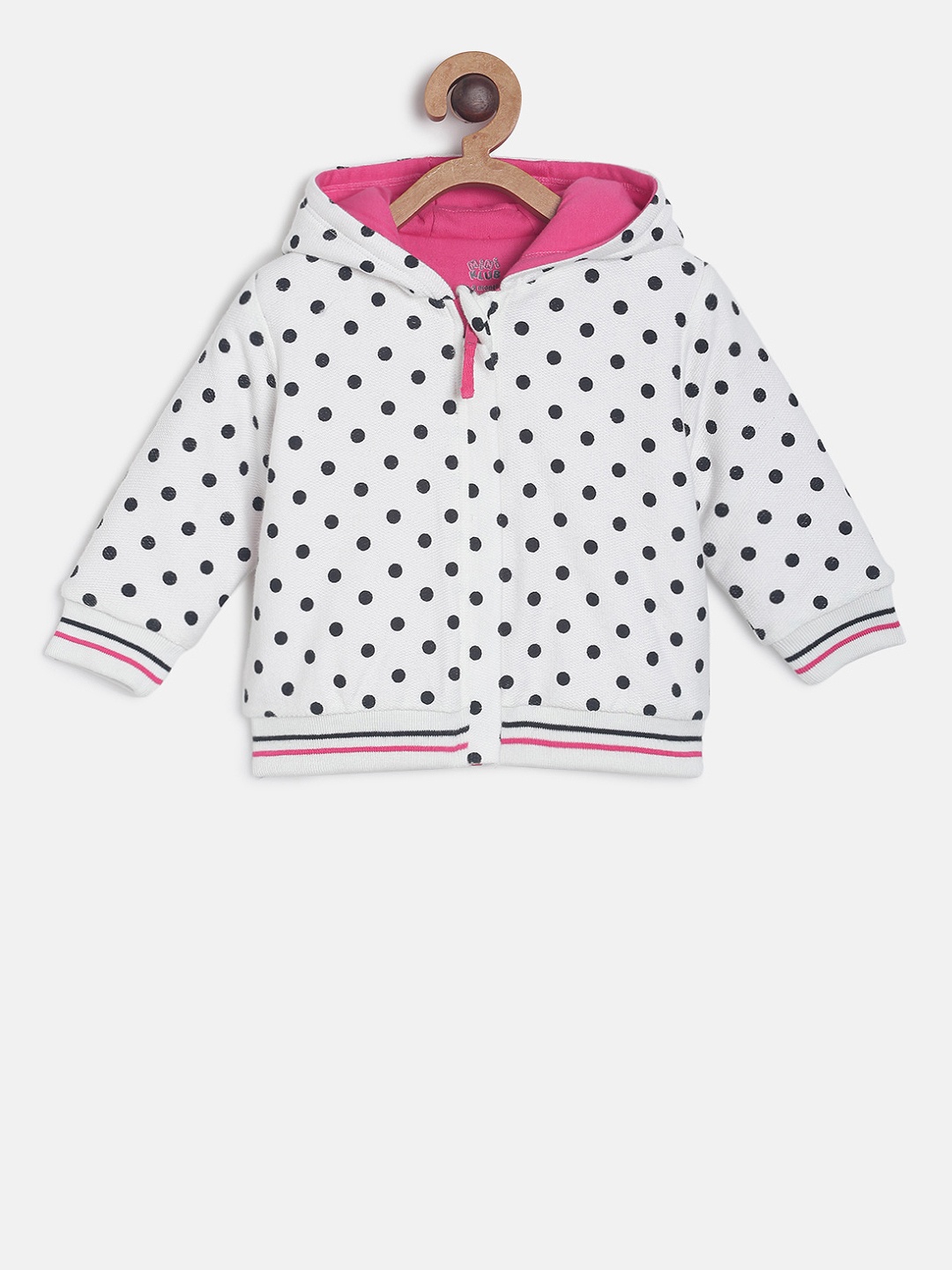 MINI KLUB Girls White & Black Polka Dots Print Lightweight Hooded Bomber Jacket