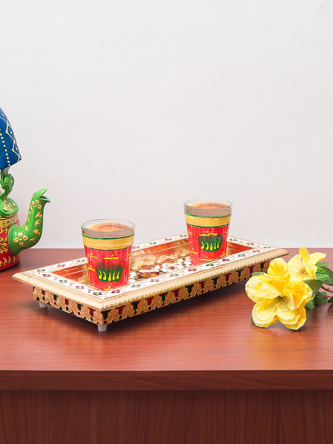 

Golden Peacock Multicoloured Handcrafted Wooden Tray, Multi