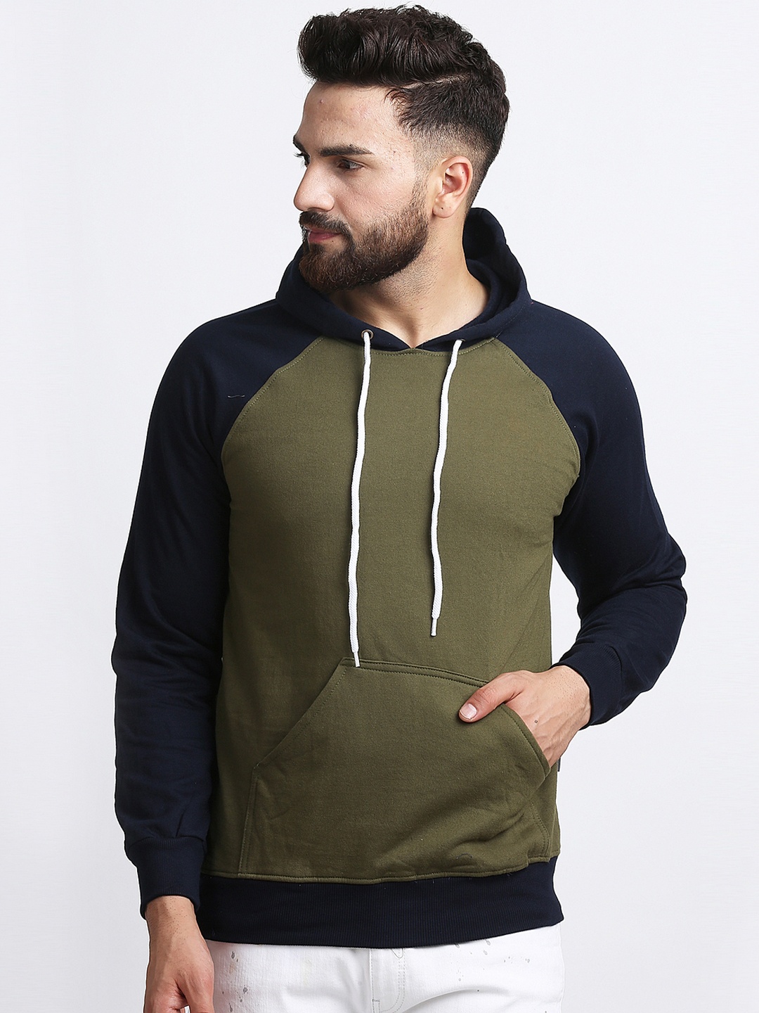 

Rodzen Men Olive Green & Navy Blue Colourblocked Hooded Sweatshirt