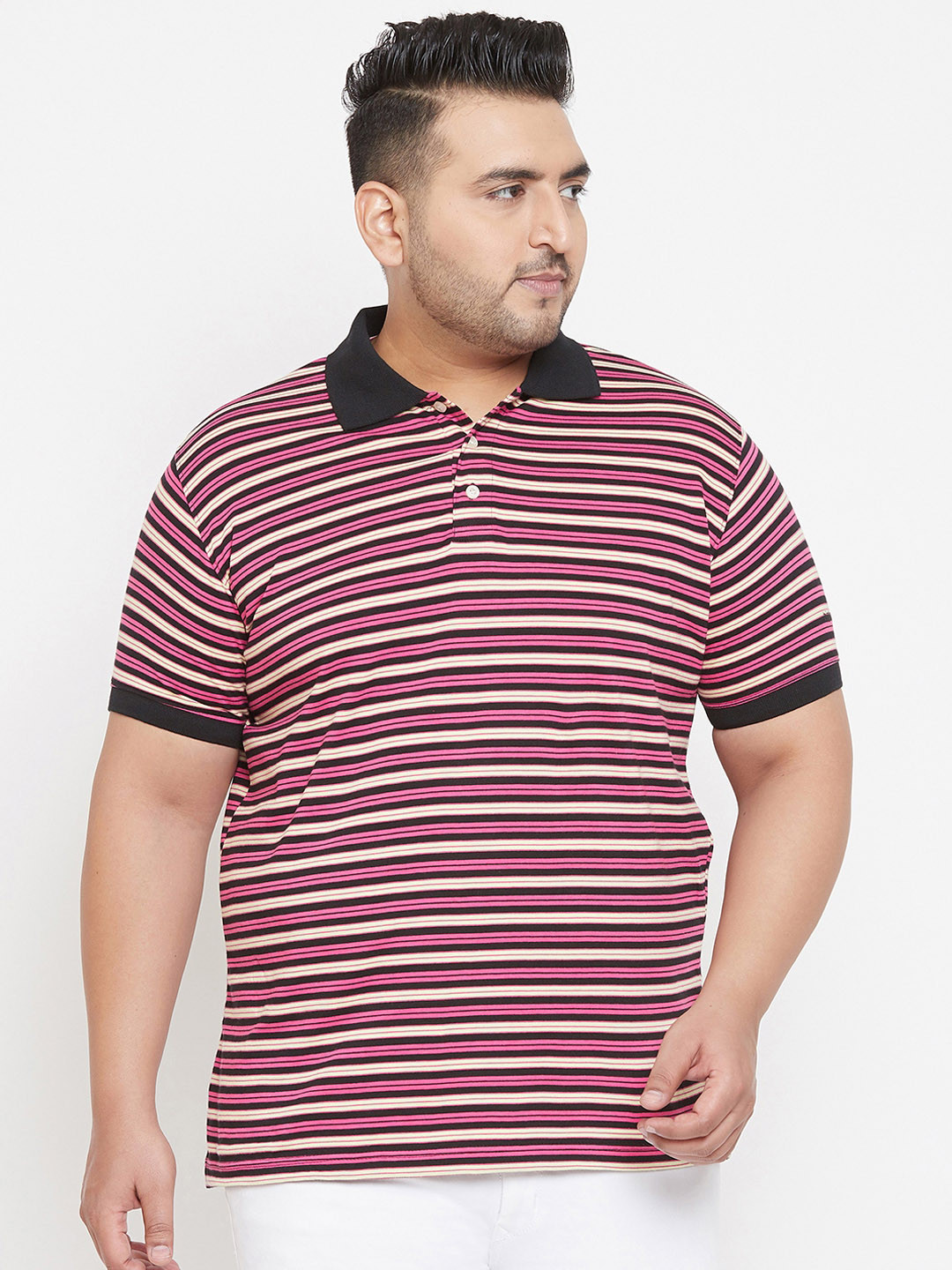 

bigbanana Plus Size Men Pink Striped Polo Collar T-shirt