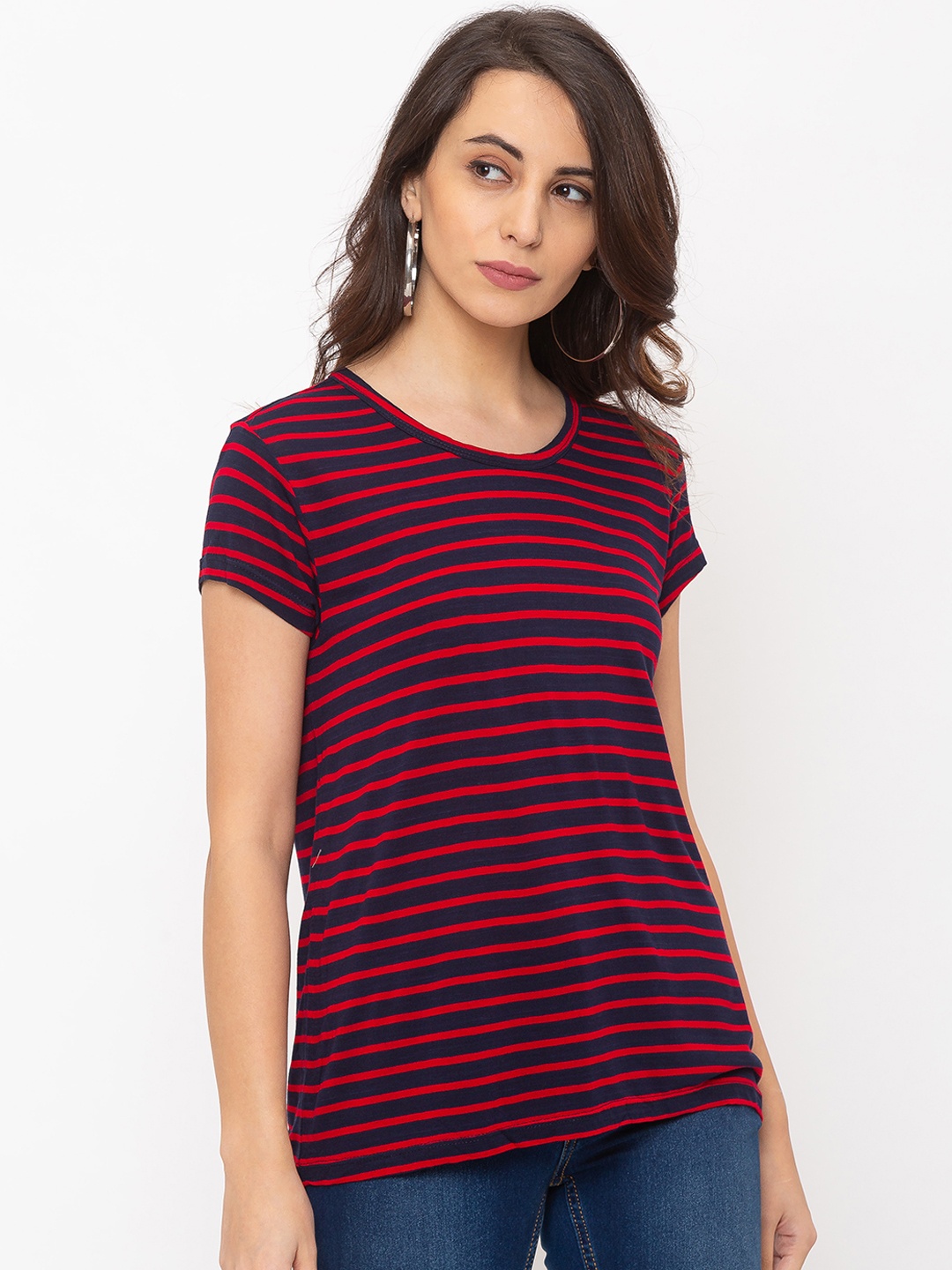 

Globus Women Navy Blue & Red Striped Round Neck T-shirt
