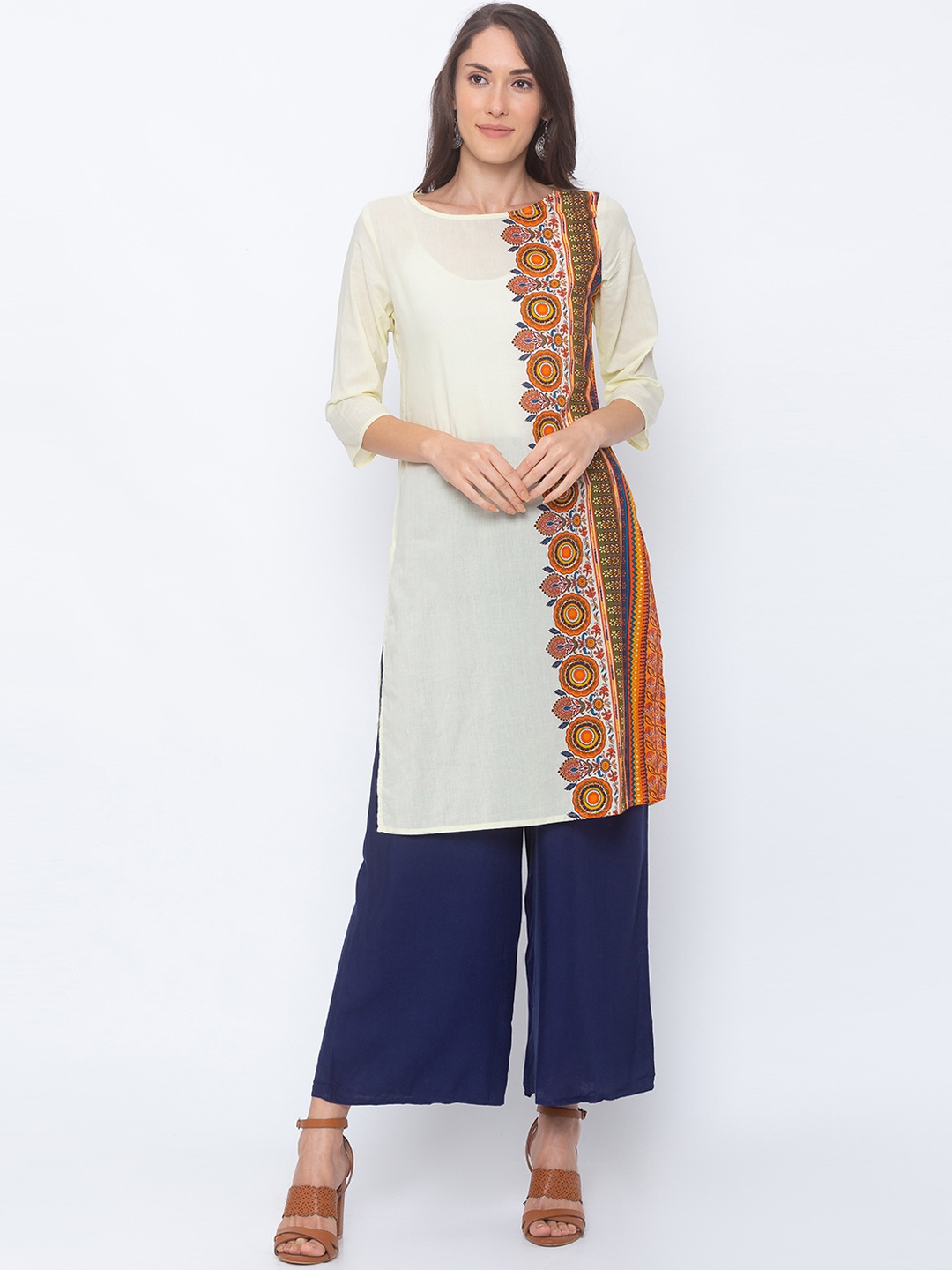 

Globus Women Cream Floral Print Straight Kurta