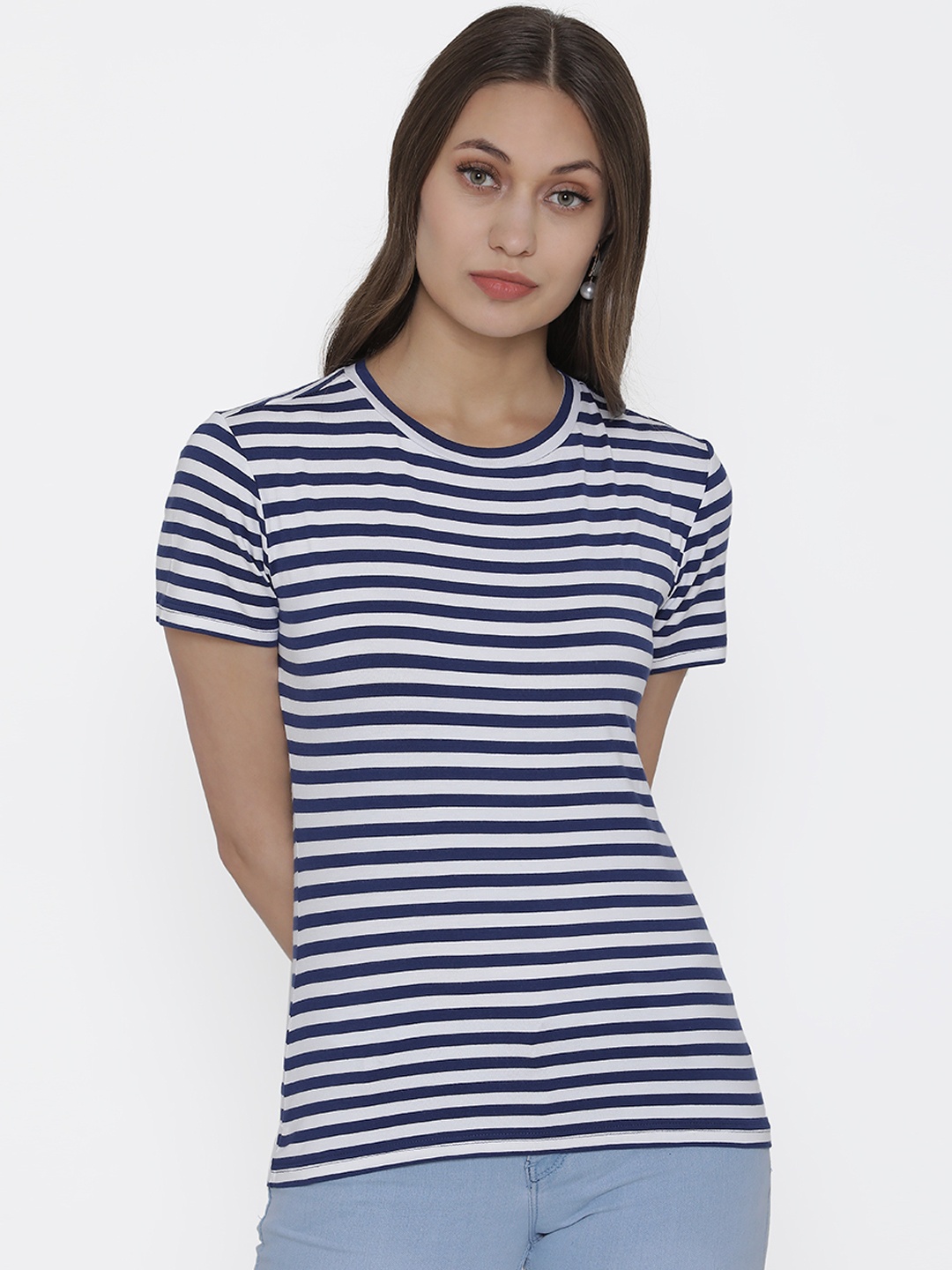 

DOOR74 Women Dark Blue & White Striped Round Neck T-shirt