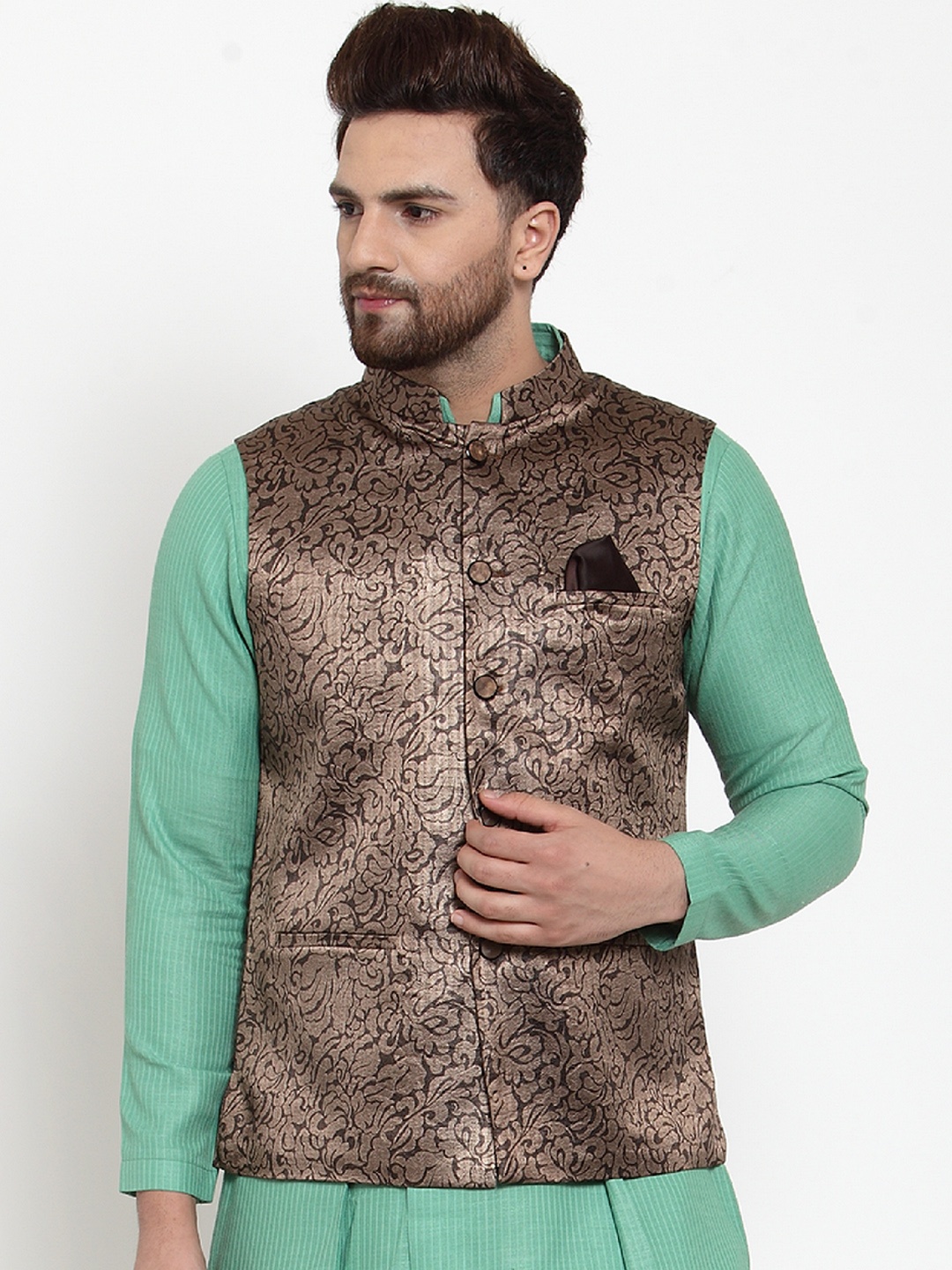 

MAXENCE Men Coffee Brown Woven Design Nehru Jacket