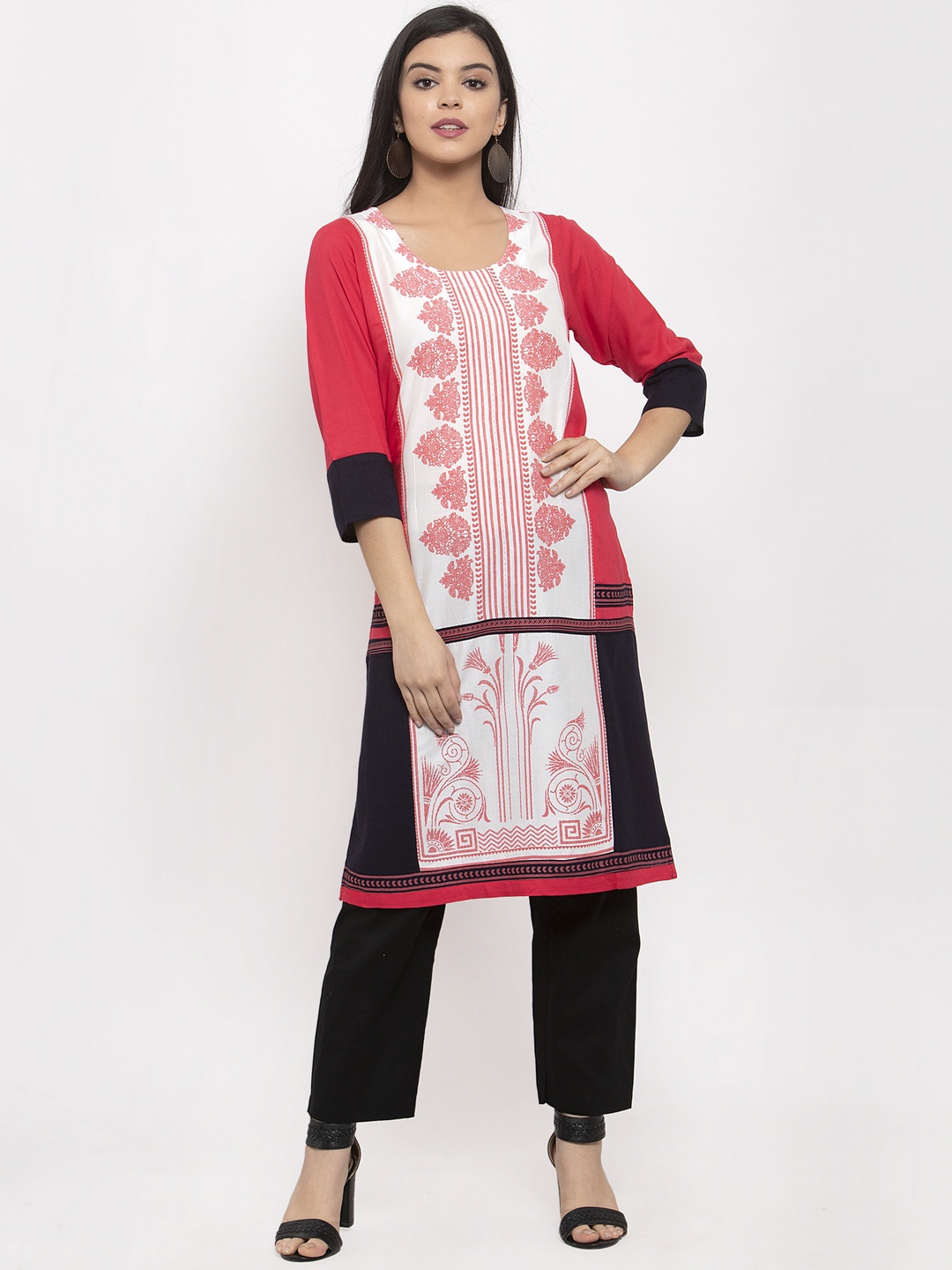 

Aujjessa Women Pink & White Printed Straight Kurta