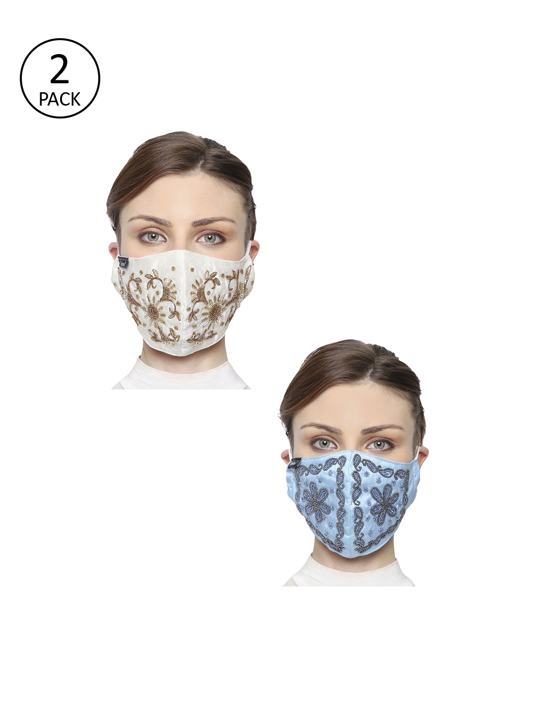 

Anekaant Women Pack of 2 3 Ply Art Silk Embellished Fabric Fashion Masks, White