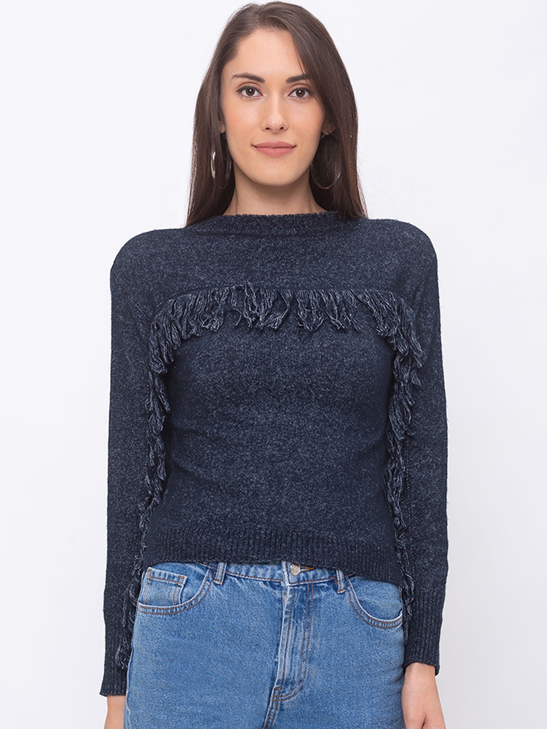Globus Women Navy Blue Self Design Pure Cotton Top