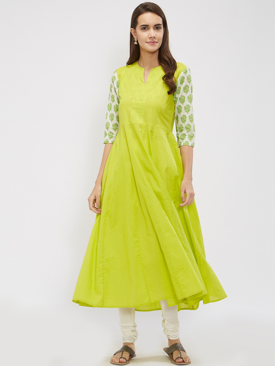 

Desi Weavess Women Lime Green Printed Anarkali Kurta