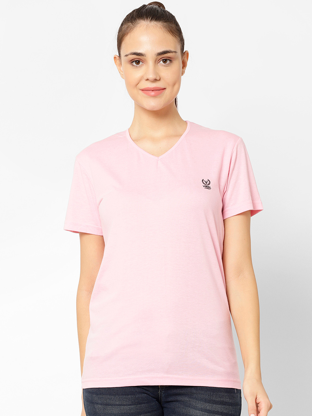 

VIMAL JONNEY Women Pink Solid V-Neck T-shirt