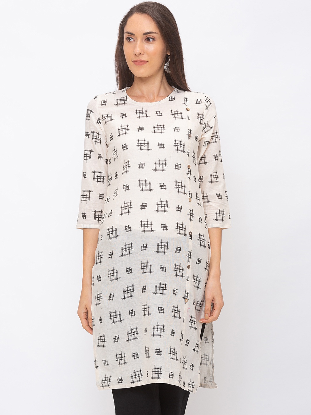 

Globus Women Off-White & Black Printed Straight Kurta