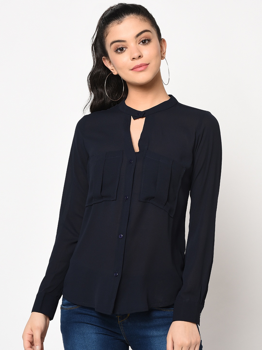 

SQew Women Navy Blue Solid Top with Keyhole Neck