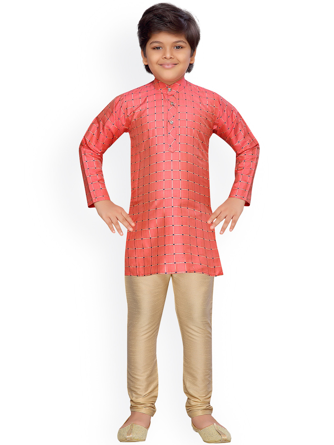 

Aj DEZInES Boys Coral Orange & Beige Printed Kurta with Pyjamas