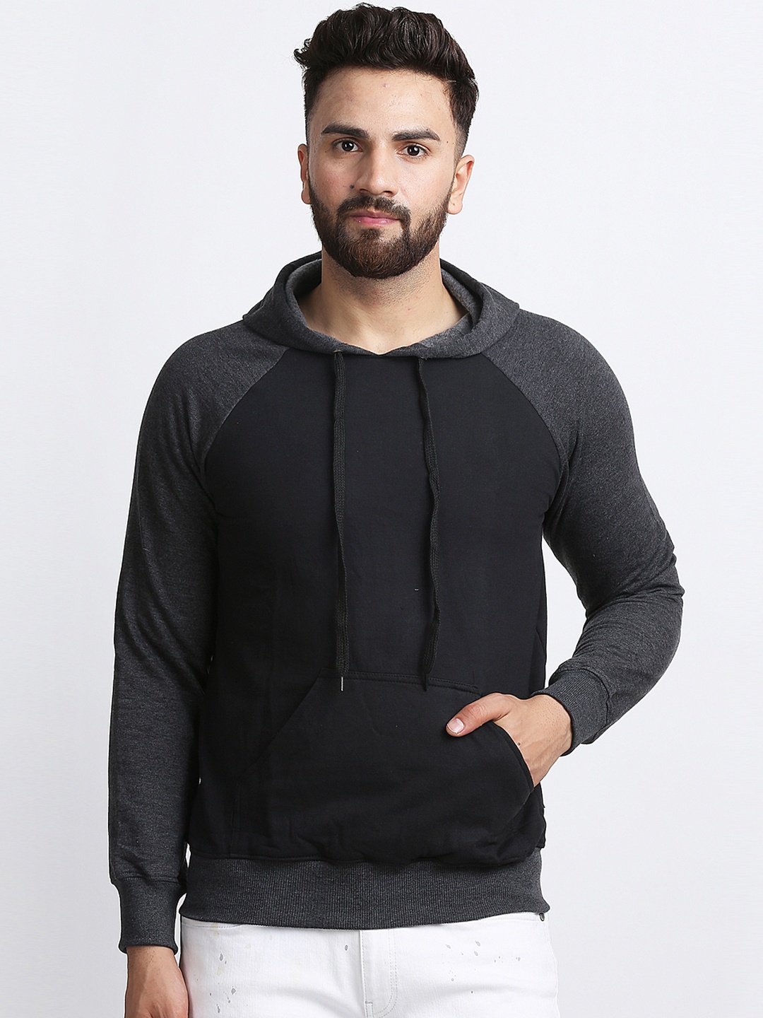Rodzen Men Black & Grey Colourblocked Hooded Sweatshirt