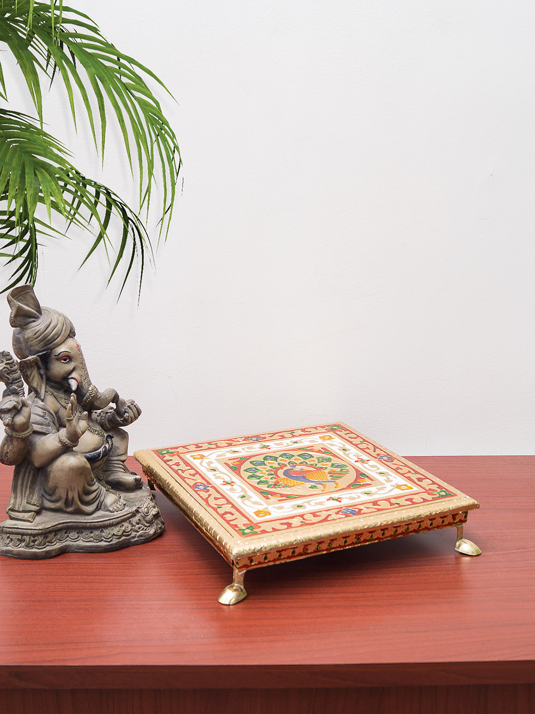 

Golden Peacock Gold-Toned & Red Handcrafted Minakari Peacock Design Wooden Chowki