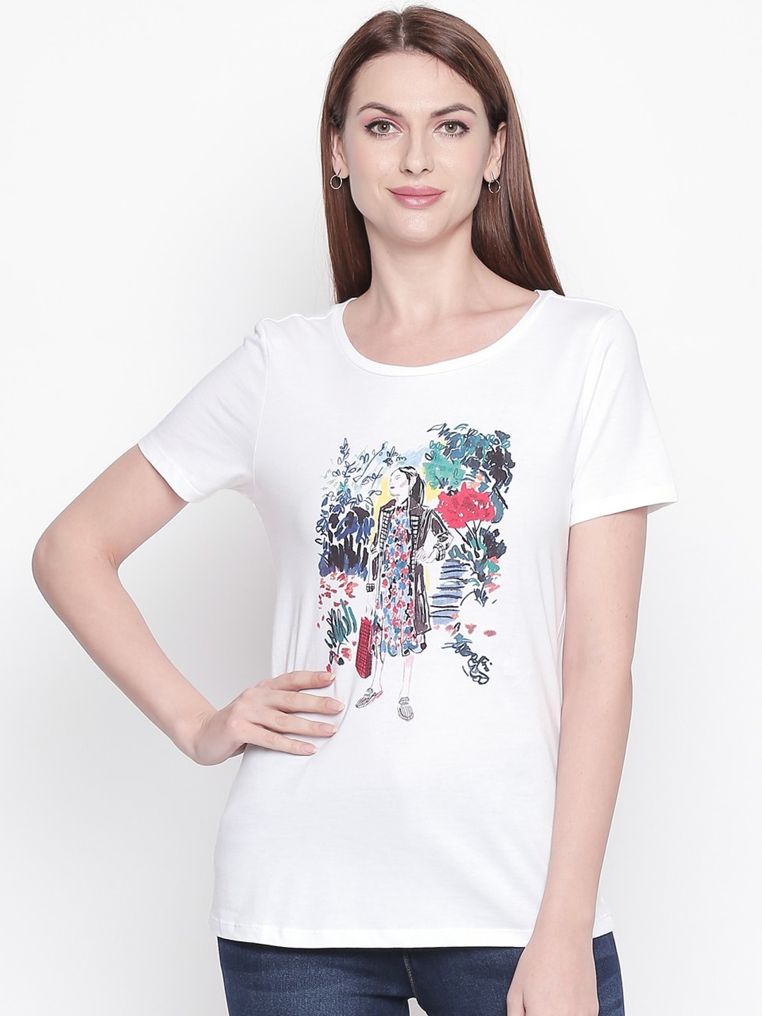

Honey by Pantaloons Women White Floral Printed Round Neck T-shirt