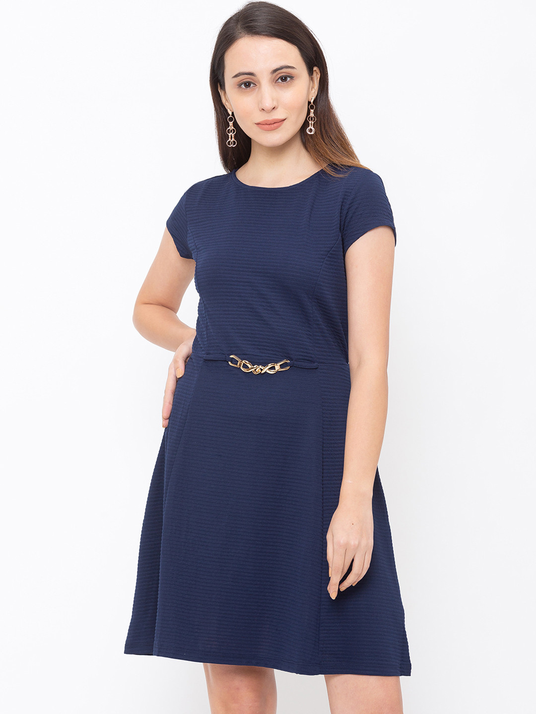 

Globus Women Navy Blue Solid Fit and Flare Dress