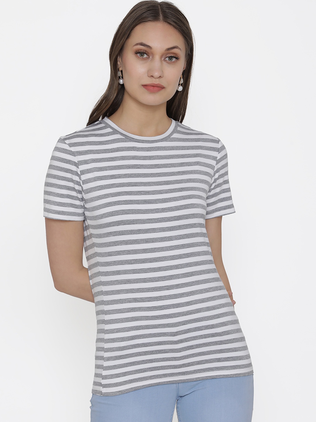 DOOR74 Women Grey & White Striped Round Neck T-shirt