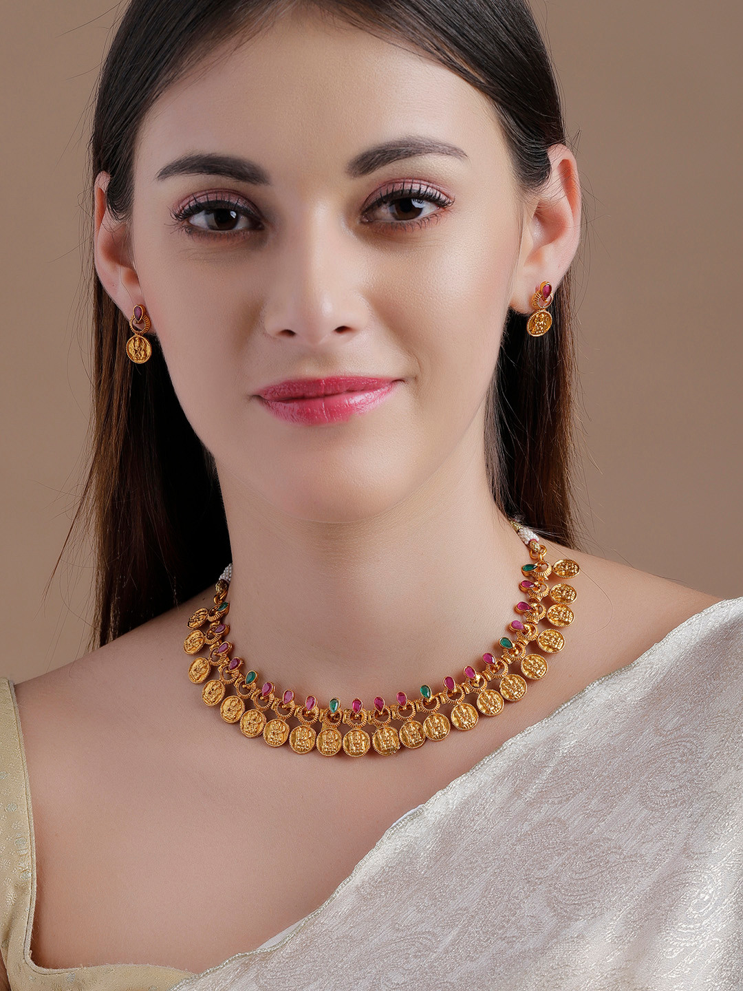 

Rubans 22K Gold-Plated Red & Green Stone-Studded Handcrafted Temple Jewellery Set