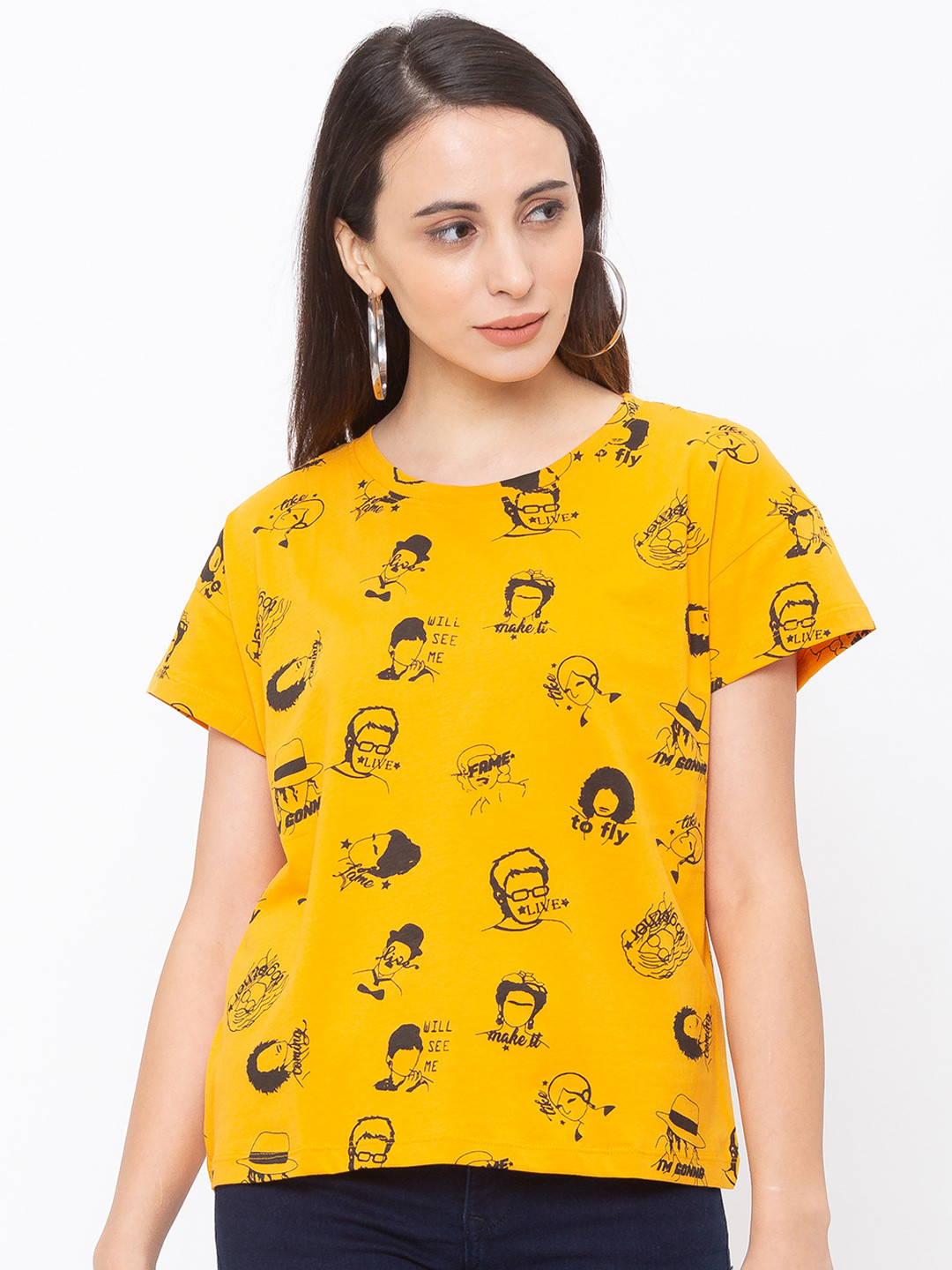 

Globus Women Mustard Yellow Printed Round Neck T-shirt