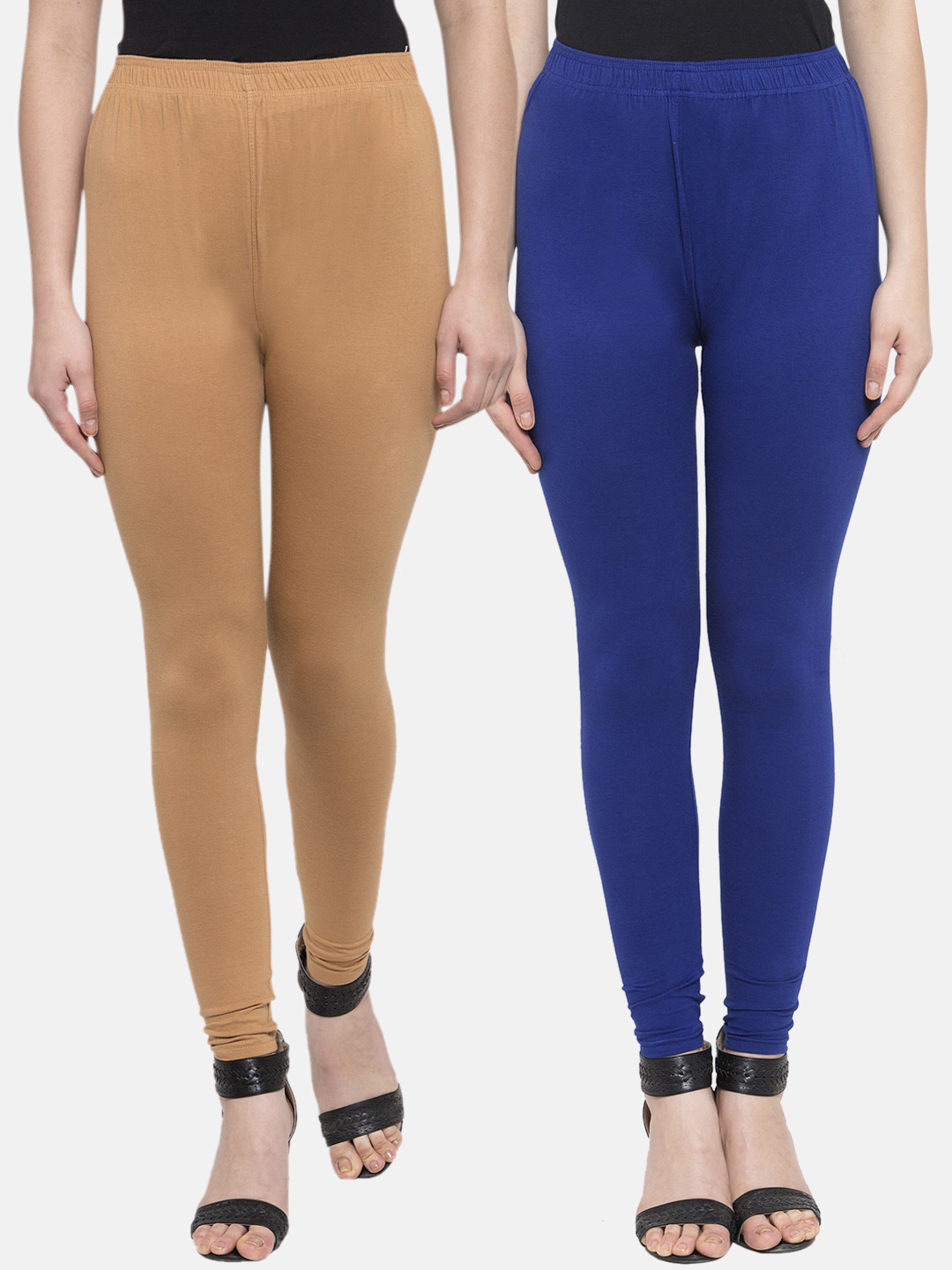 

TAG 7 Women Pack Of 2 Blue & Beige Solid Churidar-Length Leggings